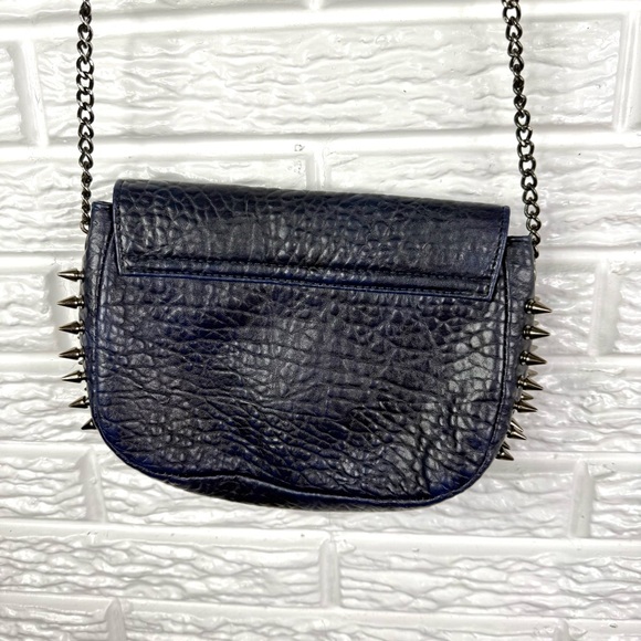 Studded Navy Blue Faux Leather Crossbody Bag Pewter Hardware Shoulder Strap - Picture 6 of 9